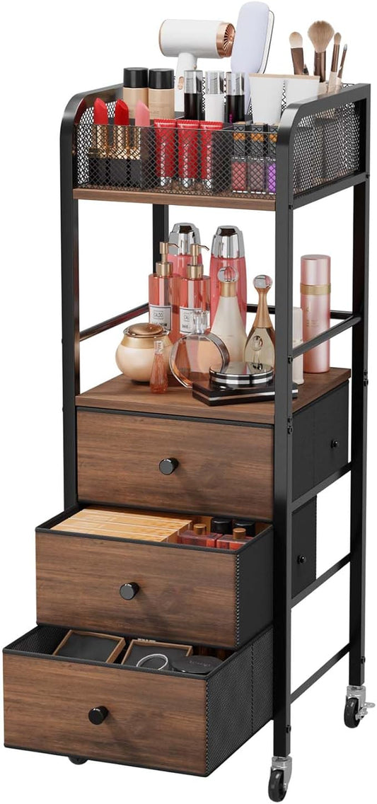 HapiRm Rolling Makeup Cart Organizer - Floor Skincare Make Up Storage with 3 Drawers, Vanity Organizer Cosmetic Display Cases Holder for Skin Care Perfume Nail Polish Brush Hair Tool-FemmiqueWomen