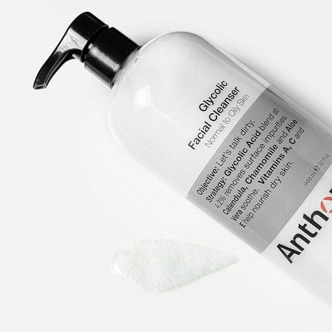 Anthony Glycolic Facial Cleanser for Men, Daily Exfoliating & Hydrating Face Wash, Shave Prep, Non-Foaming, Deep Cleansing, Gentle on Sensitive Skin, Removes Dirt & Oil, Smooths Texture, 32 Fl Oz-FemmiqueWomen