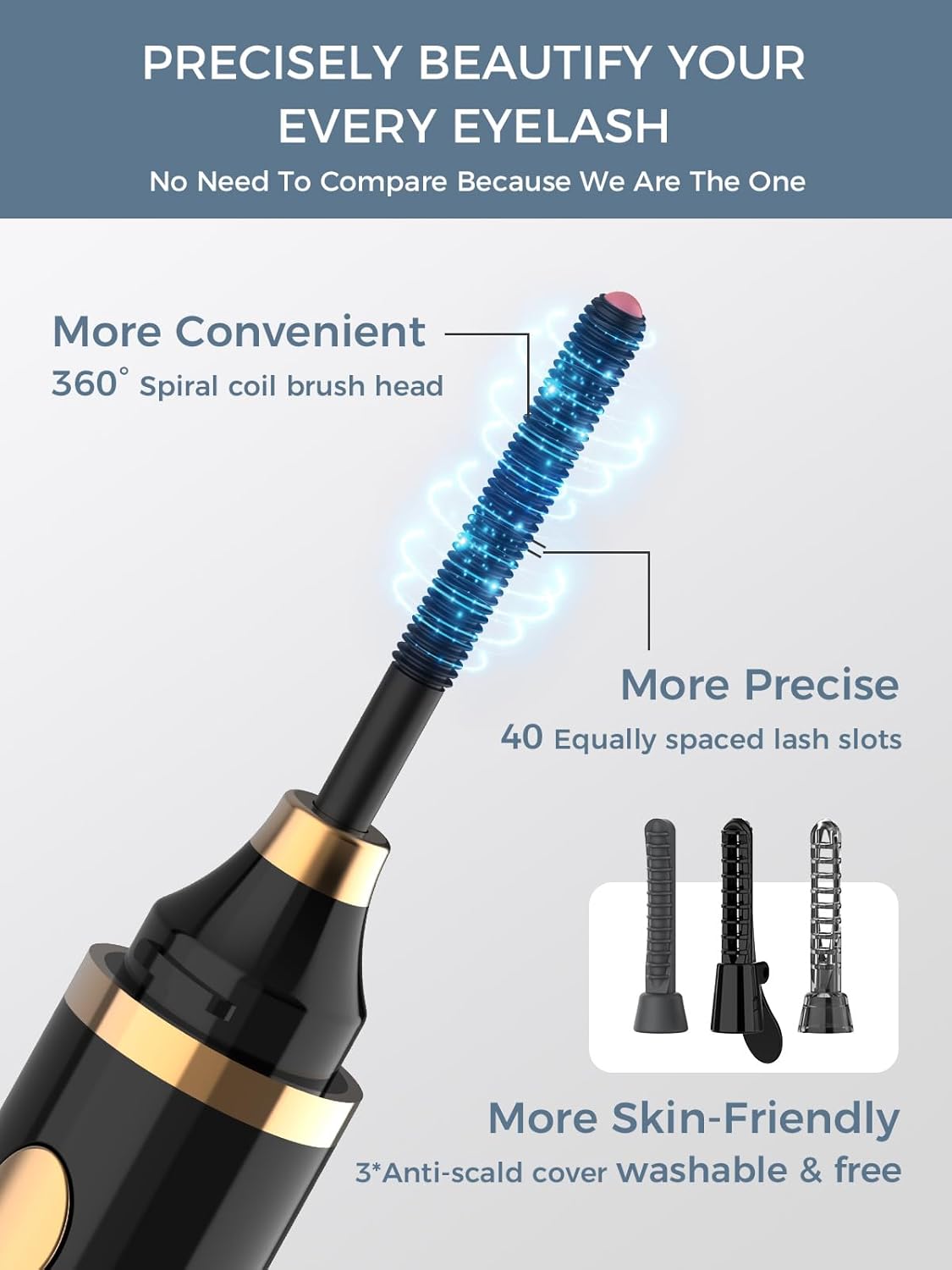 Smiling Shark Heated Eyelash Curler, 2025 New 360°Wand-Style Heated Lash Brush Rechargeable with 3 Brush Heads & 3 Temp 【Lengthen/Define/Curler】 3-in-1 Lash Curler for All Types of Lashes, Black-FemmiqueWomen