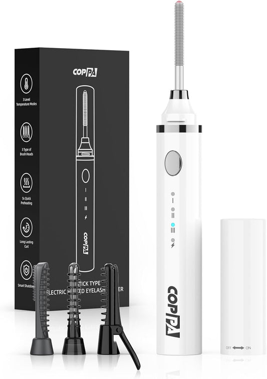 COPPA Electric Lash Curler, LP-1 Lipstick Type 3-in-1 Heated Eyelash Curler with 3 Brush Heads 3 Curling Modes and 3 Temp & 5s Quick Heat-up, Perfect for Beginners and Makeup Pros, White-FemmiqueWomen