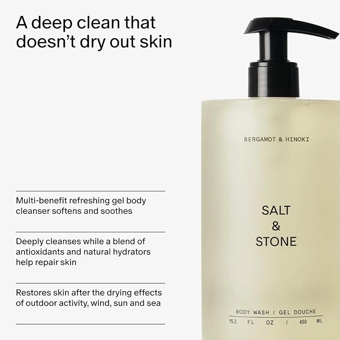 Salt & Stone Body Wash with Antioxidants for Deep Moisture | For Women & Men, Sulfate, Paraben, & Dye Free, Leaving Skin Soft and Hydrated | Bergamot & Hinoki 32 fl oz-FemmiqueWomen