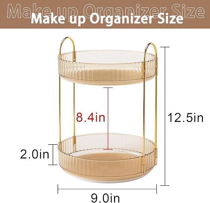 Rotating Makeup Organizer for Vanity, High-Capacity Skincare Clear Make Up Storage Perfume Organizers Cosmetic Dresser Organizer Countertop 360 Spinning (Gold, 2 Tier)-FemmiqueWomen