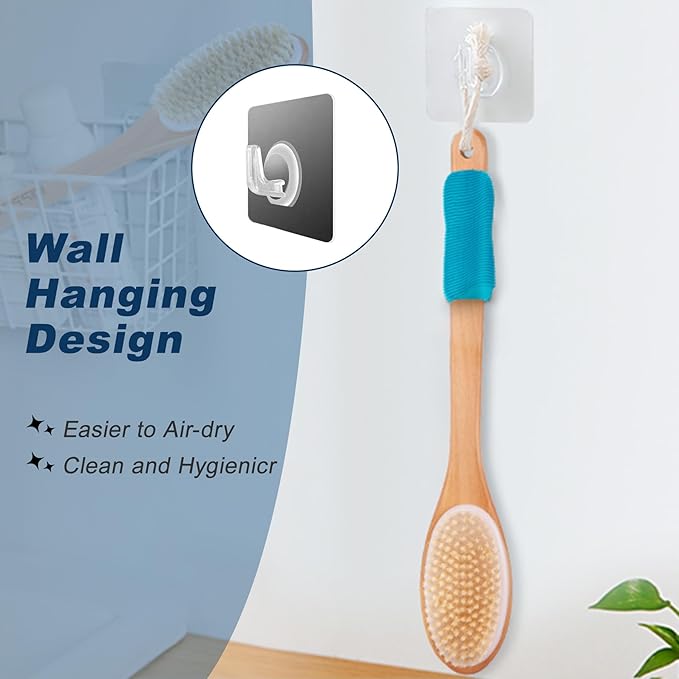 Long Handle Ergonomically Back Scrubber/Brush for Shower, Double Sided Exfoliating Body Scrubber for Women and Men (Light Blue)