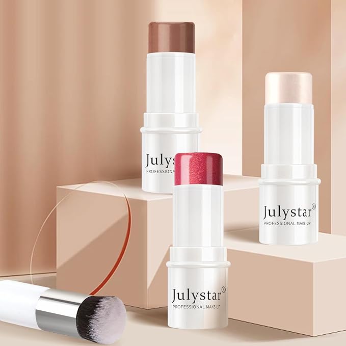 3Pcs Cream Contour Stick Makeup Set, Cream Bronzer Blush Highlighter Stick for Cheeks Eyes Lips, Long Lasting Waterproof Blendable Dewy Finish Face Stick Trio Wand for All Skin (1+3+6)-FemmiqueWomen