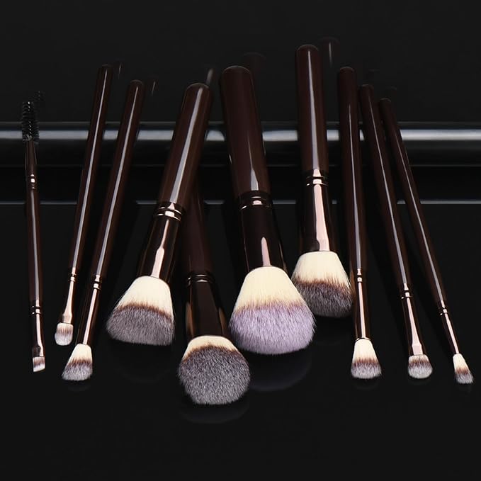 10 Piece Black brown Makeup Brushes and 10 Piece Makeup Sponge – Wooden Handle,with Soft Synthetic Bristles,|Professional Makeup Brushes set for Women & Girls|-FemmiqueWomen