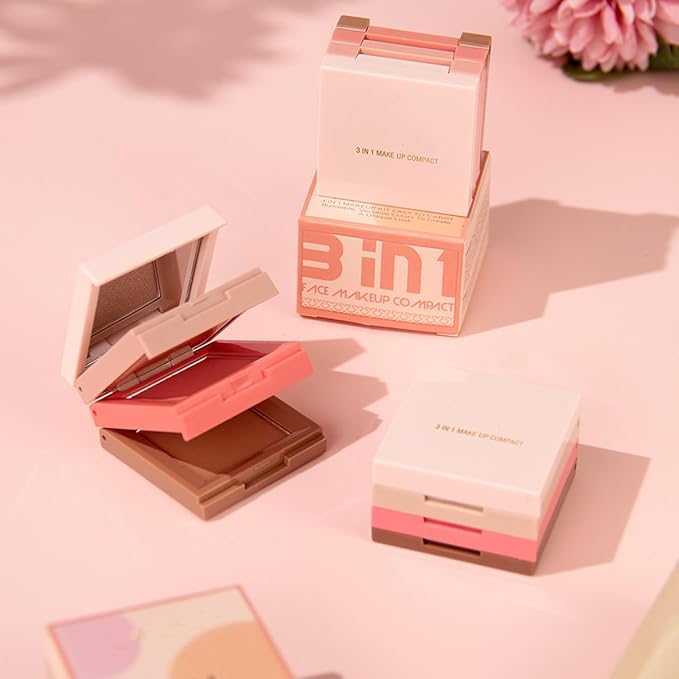 3 in 1 Contour Highlighter Blush Makeup Palette, Shimmer Matte 3 Colors Pigmented Brighten Highlighting Bronzer Blusher Eyeshadow Pallet, Long Lasting Shaping Full Face Eyes Makeup kit with Mirror-FemmiqueWomen