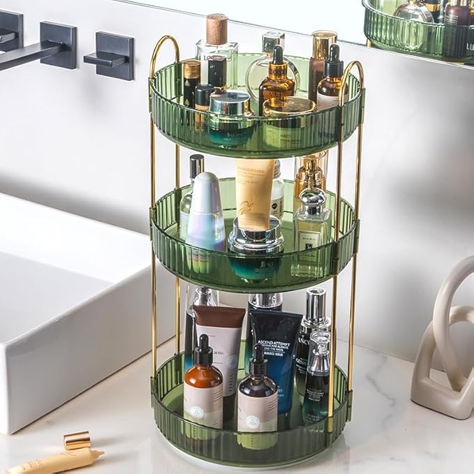 Makeup Organizer for Vanity, 360° Rotating Bathroom Organizer Countertop, High-Capacity Skincare Organizer, Spinning Cosmetics Organizer for Dresser Countertop (3 Tiers, Green)-FemmiqueWomen
