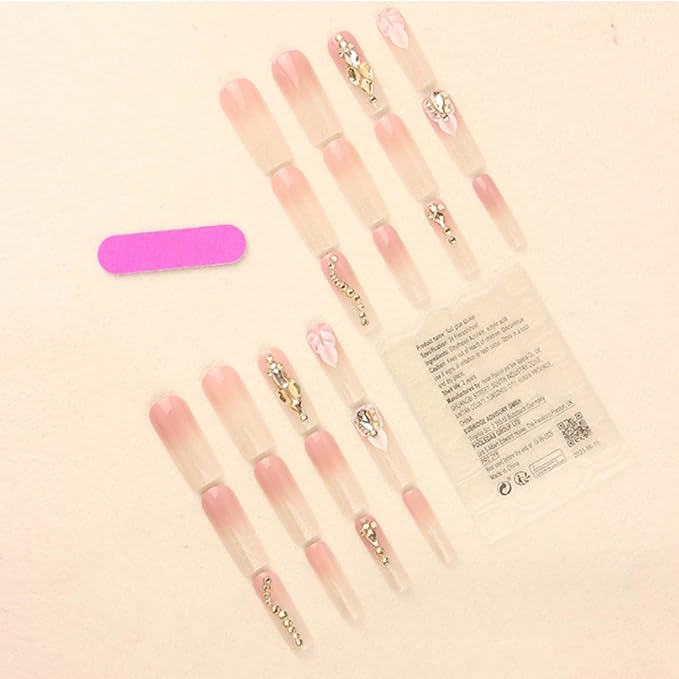 Long Gradient Press on Nails Square Fake Nails Nude Nails Tips Full Cover Crystal Gem Design False Nails for Women and Girls 24Pcs