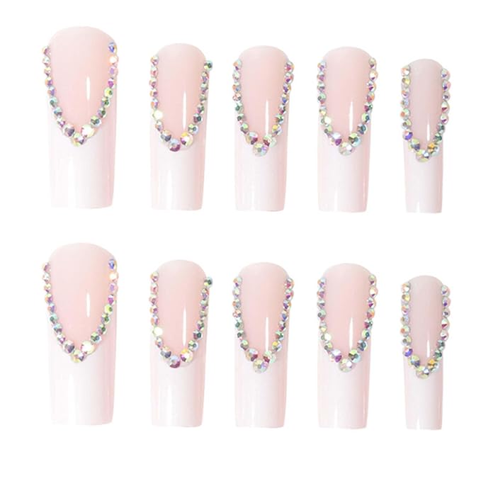 Long Coffin False Nails White French Press on Nails Crystal Gem Design Nails Tips Acrylic Cute Fake Nails for Women and Girls 24Pcs
