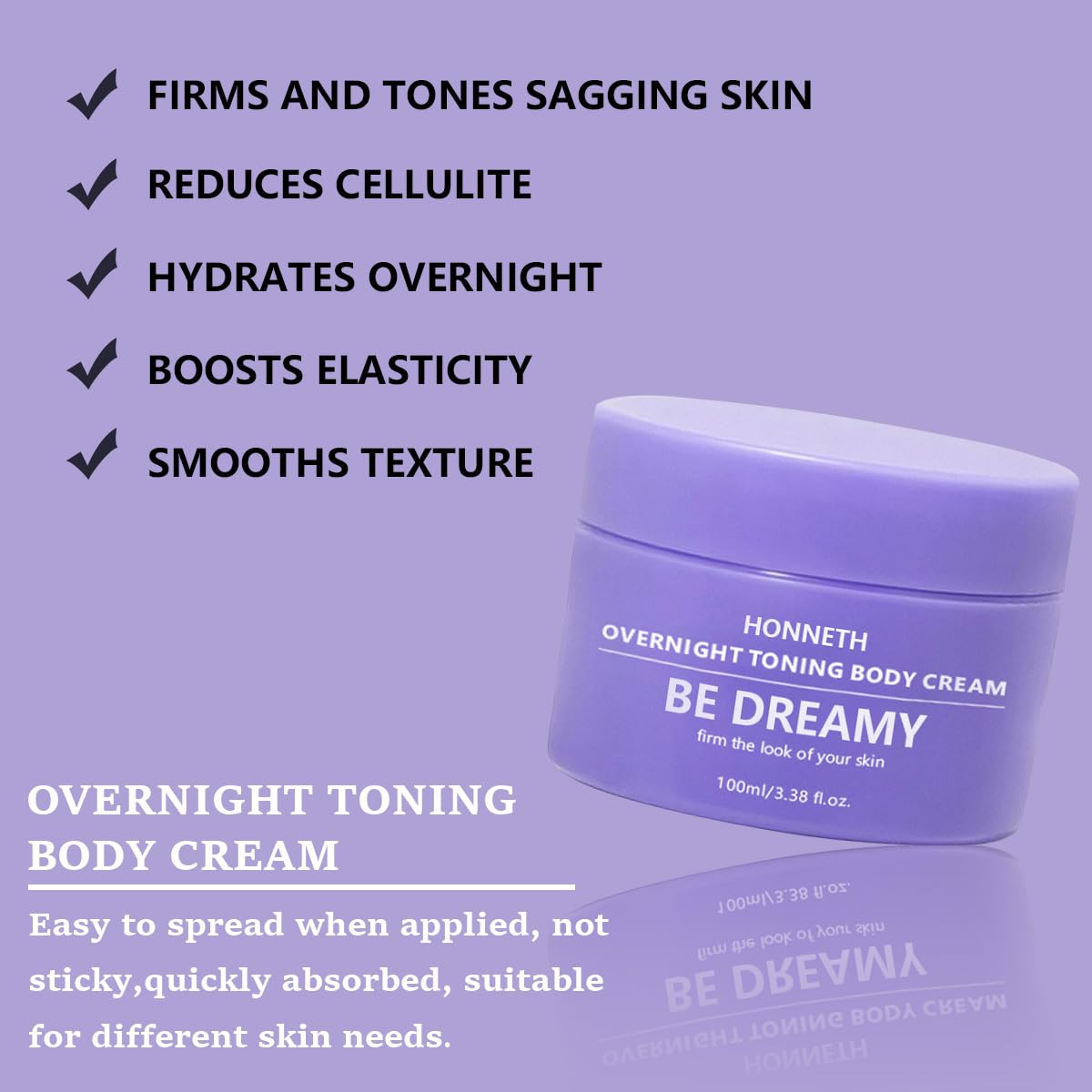 Honneth BE-DREAMY Overnight Toning Whip Body Firming Cream for Legs, Stomach, Arms, with Milk Thistle & Passion Fruit Seed Oil, Targets Loose Skin, 3.38 oz-FemmiqueWomen