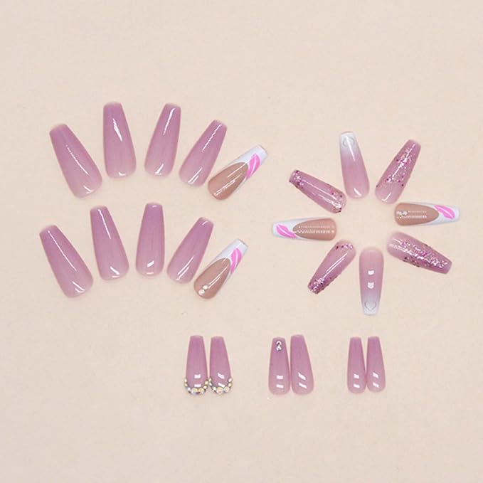 Long Coffin False Nails French Press on Nails Gradient Nails Tips Acrylic Cute Swirl Fake Nails for Women and Girls 24Pcs
