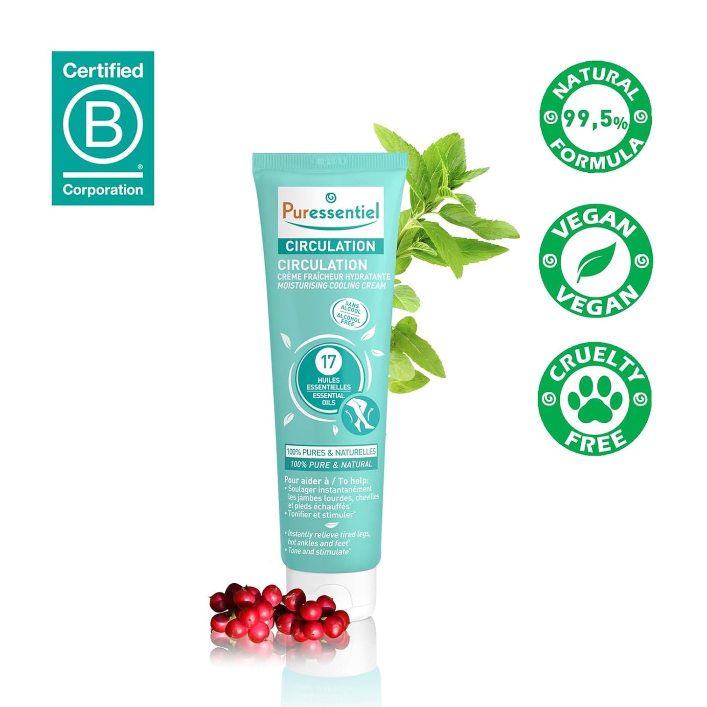 Puressentiel Circulation Moisturizing Cooling Cream - 100% Pure And Natural Oils - Alcohol Free - Supports Circulation - Provides Instant, Lasting Relief For Tired Legs, Ankles And Feet - 3.4 oz-FemmiqueWomen