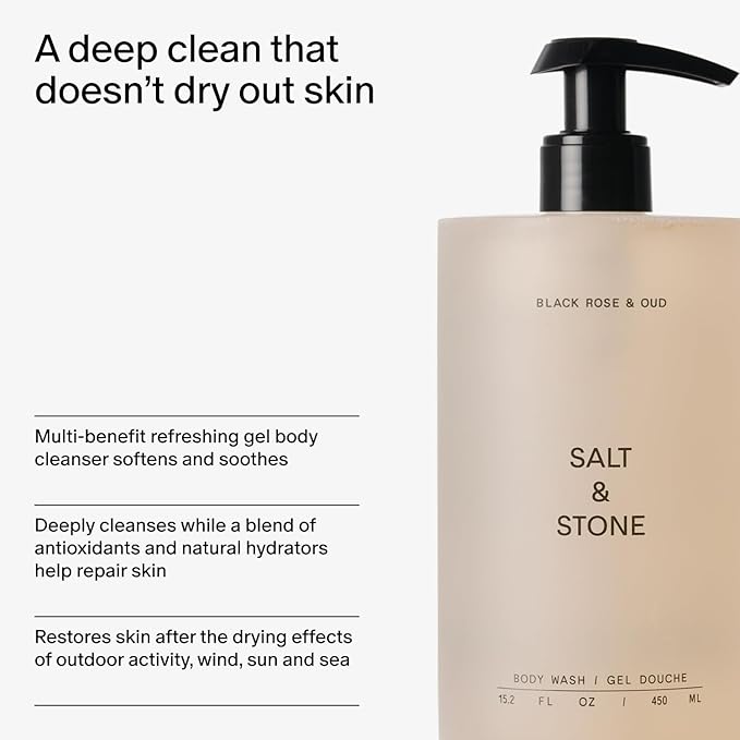 Salt & Stone Body Wash with Antioxidants for Deep Moisture | For Women & Men, Sulfate, Paraben, & Dye Free, Leaving Skin Soft and Hydrated | Black Rose & Oud 32 fl oz-FemmiqueWomen
