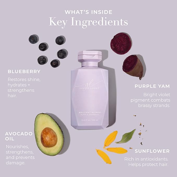 Goldie Locks Brilliant Blonde Purple Shampoo for Blonde, Lightened, Grey Hair & Extensions, Brightens, Tones, Eliminates Brass, Sulfate-Free, Nourishing, Moisturizing, Color Safe, 8.45 Fl Oz Bottle-FemmiqueWomen