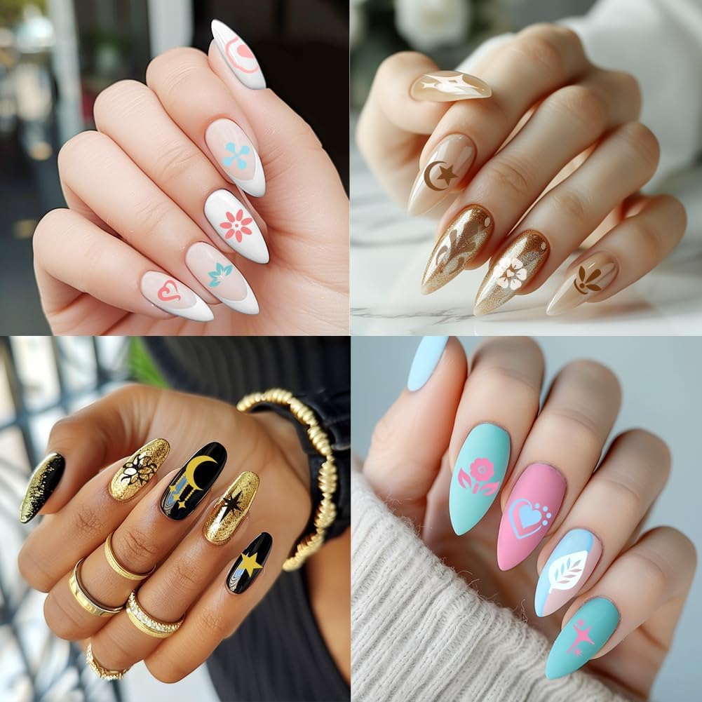 3Pcs Flowers Leaves Nail Stamping Plate Set Stars Moon Hearts Planets Nail Stamp Templates Stainless Steel DIY Reusable Tools with Stamper Scraper for Manicure Printing-FemmiqueWomen