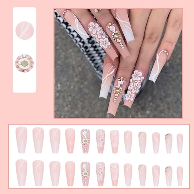 Long Coffin False Nails Gradient Press on Nails Daisy Nails Tips Acrylic Crystal Gem Design Fake Nails for Women and Girls 24Pcs