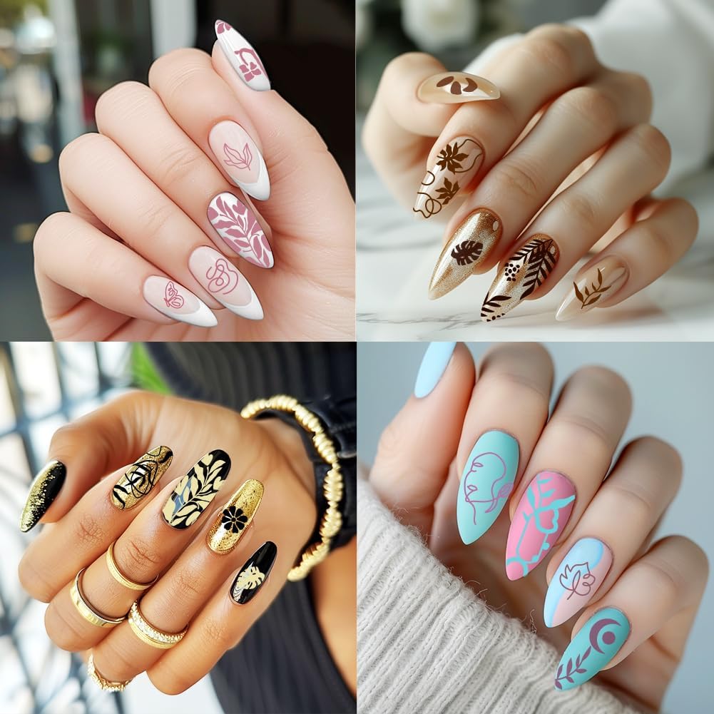 3Pcs Abstract Boho Nail Stamping Plate Set Nail Stamp Templates French Line Tip Lady Face Leaf Floral Metal Reusable Tools with Stamper Scraper for Manicure Printing-FemmiqueWomen