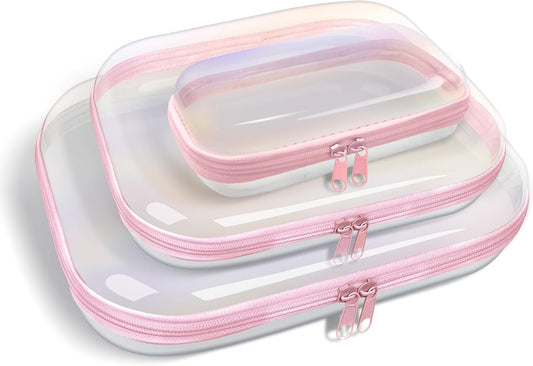 Clear Hard Plastic Zipper Case,Transparent Double Zippers Hard Pouch with 3pcs,Portable Travel Organizer Bin for Toy Storage-FemmiqueWomen