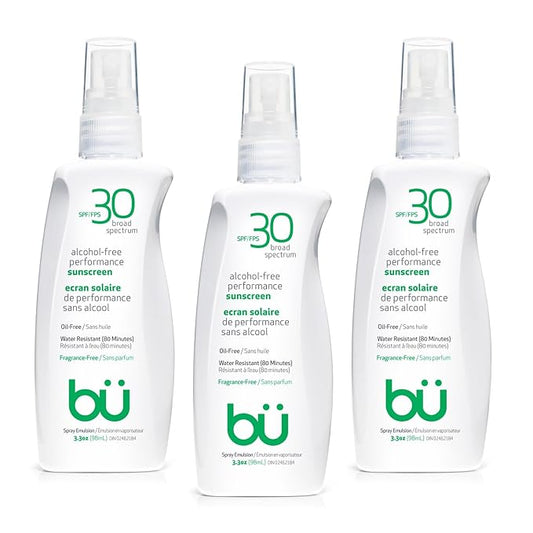 BU SPF 30 Sunscreen Spray for Face and Body, Fragrance Free, TSA Travel Size Sunscreen, Clear, Non Greasy, Water Resistant, for Sensitive Skin, 3.3 oz (3 Pack)-FemmiqueWomen