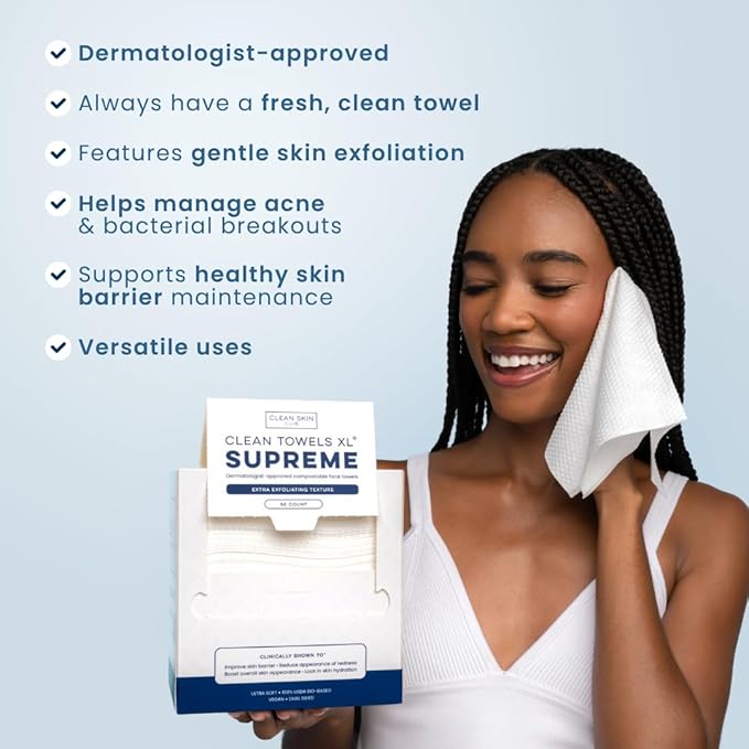 Clean Skin Club Clean Towels XL™ Supreme, 100% USDA Biobased Dermatologist Approved Face Towel, Gentle Exfoliation, Disposable Facial Washcloth, Makeup Remover Dry Wipes, 50 Count-FemmiqueWomen