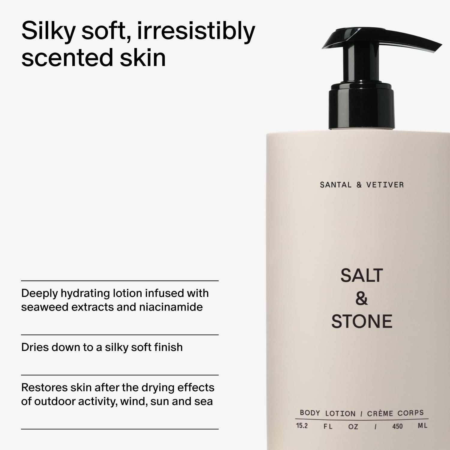 Salt & Stone Body Lotion for Women & Men| Scented Daily Body Lotion | Hydrates, Nourishes & Softens Skin | Restores Dry Skin | Fast-Absorbing | Cruelty-Free & Vegan (450 ml) (Santal & Vetiver)-FemmiqueWomen