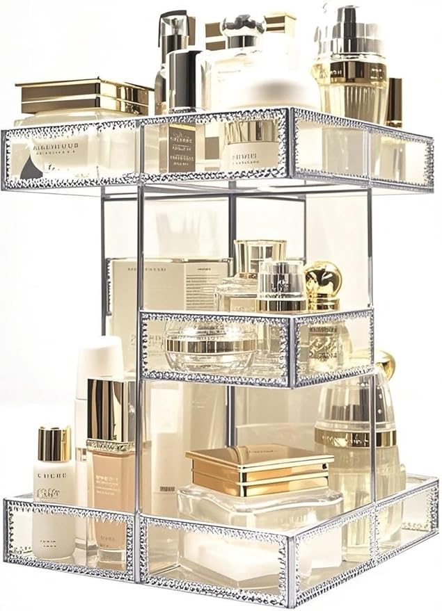 Hersoo 360 Degree Rotation Cosmetic Organizer -Premium Makeup Storage with Spin Base,Antique Countertop Cosmetic Storage,Large Capacity,Beauty Display for Countertop,Vanity or Bathroom (silver)-FemmiqueWomen