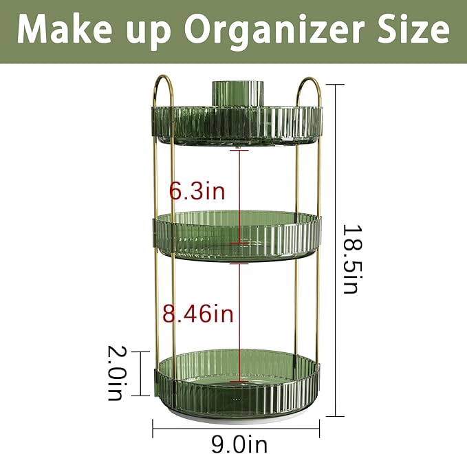 Rotating Makeup Organizer for Vanity, High-Capacity Skincare Clear Make Up Storage Perfume Organizers Cosmetic Dresser Organizer Countertop 360 Spinning (Green, New-3 Tier)-FemmiqueWomen