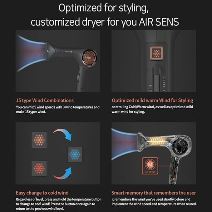 JMW Korean Professional Salon Hair Dryer AIR Sense I 15 Winds-3 Heat X 5 Speed Mix, 2 Nozzles & Dryer Stand, Upgrade BLDC Motor, 100% Cool Shot, Smart Memory, Fast Drying, Quiet and Long-Lasting-FemmiqueWomen