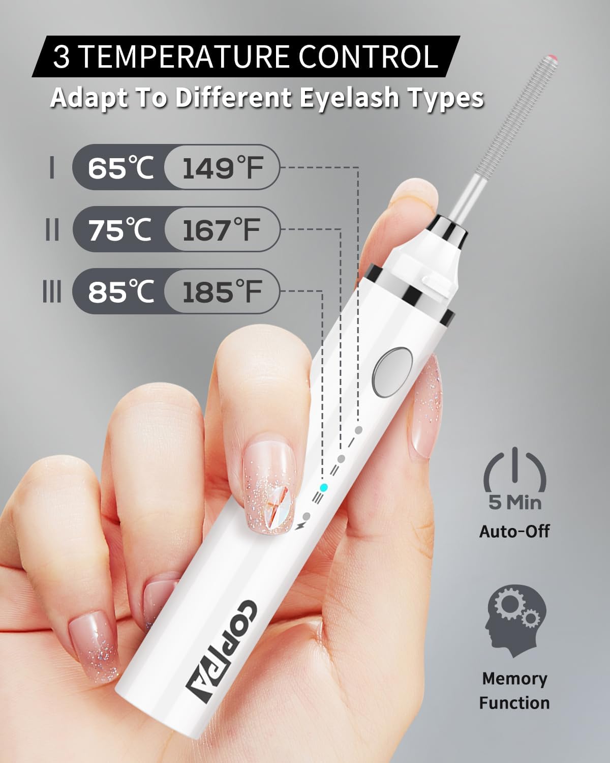 COPPA Electric Lash Curler, LP-1 Lipstick Type 3-in-1 Heated Eyelash Curler with 3 Brush Heads 3 Curling Modes and 3 Temp & 5s Quick Heat-up, Perfect for Beginners and Makeup Pros, White-FemmiqueWomen