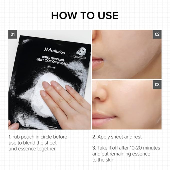 JMsolution Water Luminuous Silky Cocoon Black Mask - Korean Skincare Facial Mask - Silkworm extract amino acid -Nutrition and Moisturization Synergy - 10 sheets for a sensitive skin-FemmiqueWomen