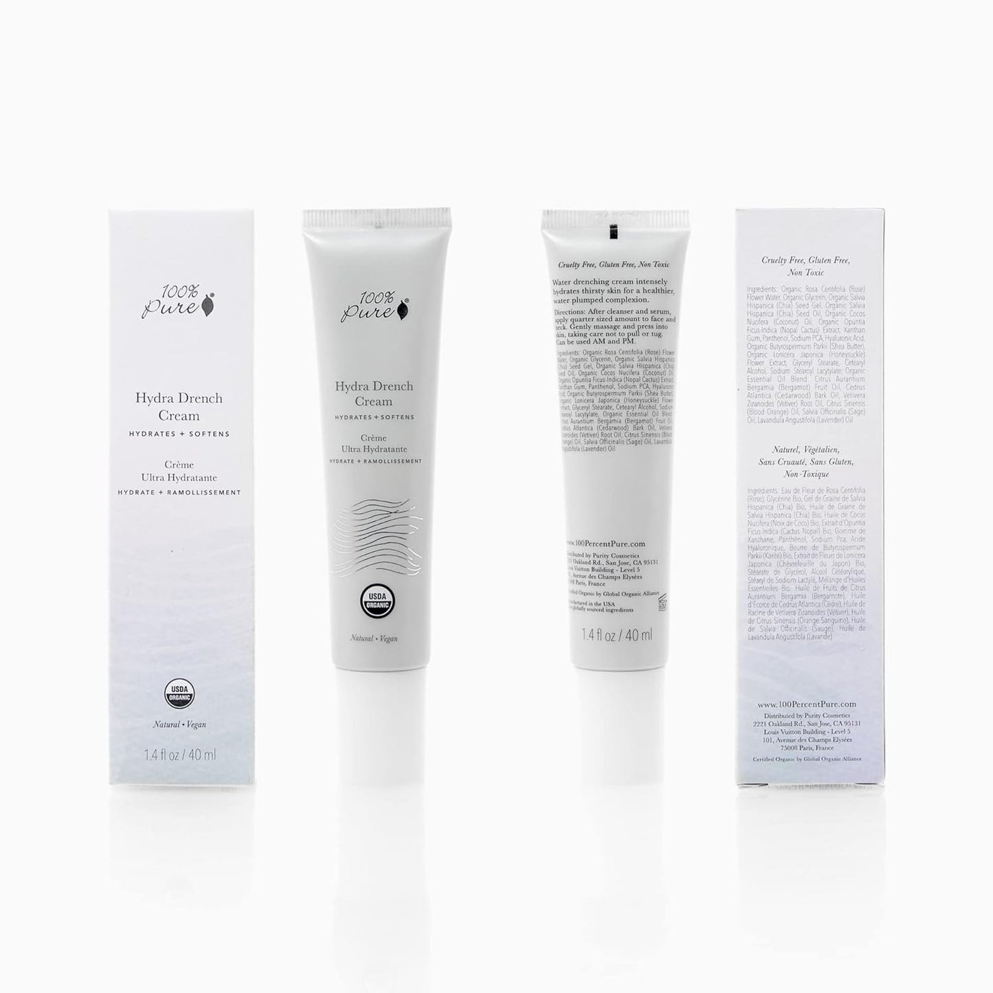 100% PURE Hydra Drench Cream, Daily Face Moisturizer with Hyaluronic Acid, Rose Water, Skin Care for All Skin Types, Natural Face Cream - 1.4 Fl Oz-FemmiqueWomen