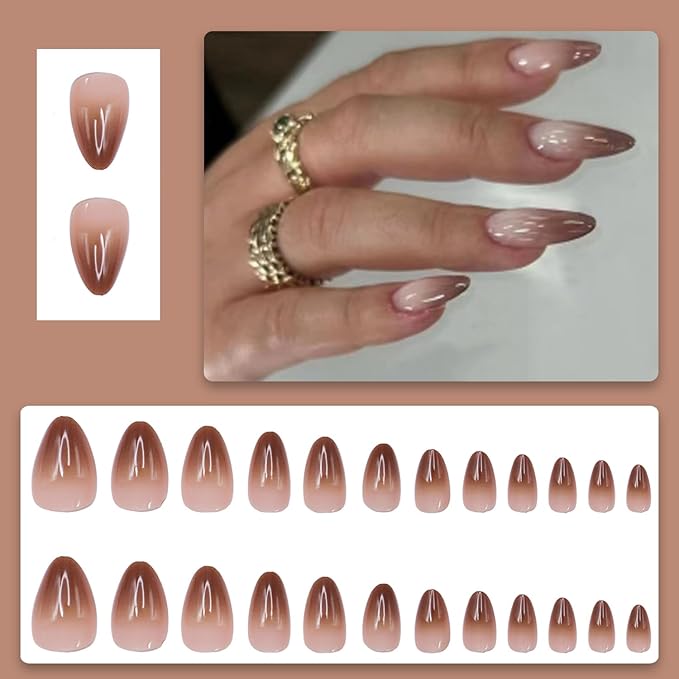 Long Almond Shaped Press on Nails Brown Gradient Design Fake Nails Glossy Reusable False Nails Fully Cover Acrylic Nails Stick on Nails for Women Nail DIY Decoration Accessories 24 Pcs