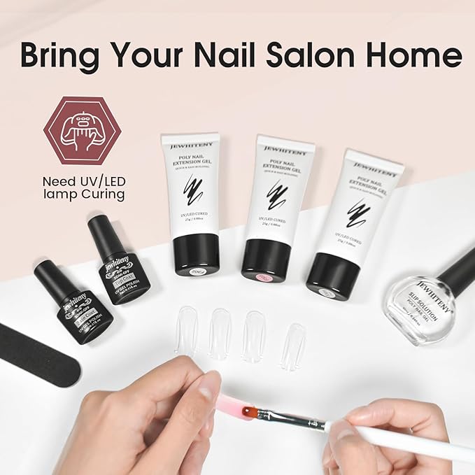 JEWHITENY Poly Extension Gel Nail Set Clear Pink Poly Nail Gel With Slip Solution Base Coat Top Coat French Manicure Need U V Lamp Curing for Finger Art and Home DIY-FemmiqueWomen