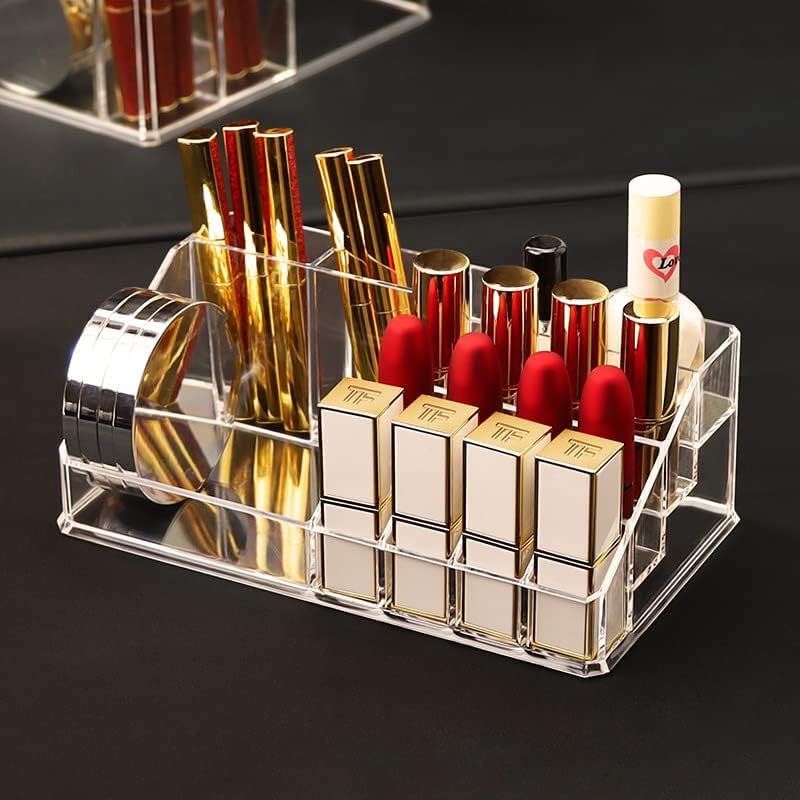 Acrylic Makeup Organizer Cosmetic Storage Makeup Display Case Makeup Brush Holder Lipstick Dispenser Canister Bathroom Container (8.7x 5 x 3.2 in, 16 Partitions, Transparent)-FemmiqueWomen