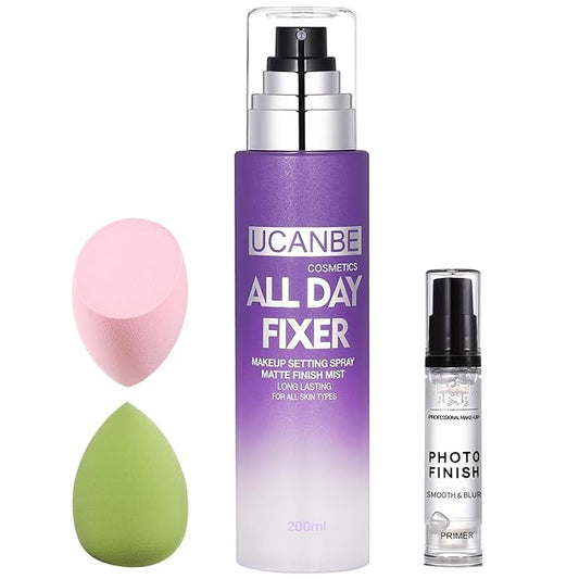 UCANBE Makeup Setting Spray + Face Primer + Make Up Sponge, Gel-Based Hydrating Primer, Lightweight, Long Lasting Matte Finishing Spray,Beauty Blender Set-FemmiqueWomen