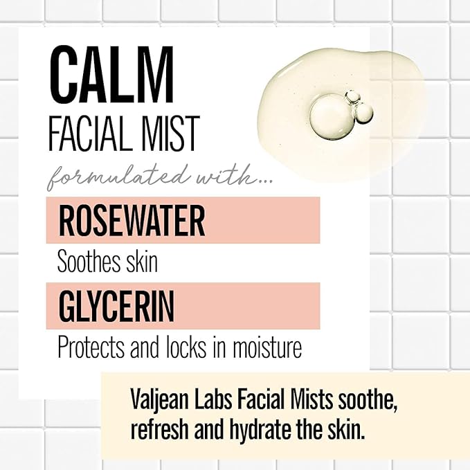 VALJEAN LABS Face Mist - Calm | Rosewater + Glycerine | Calms, Moisturizes, Soothes | Helps to Even Complexion | Paraben Free, Cruelty Free, Made in USA (8 oz)-FemmiqueWomen