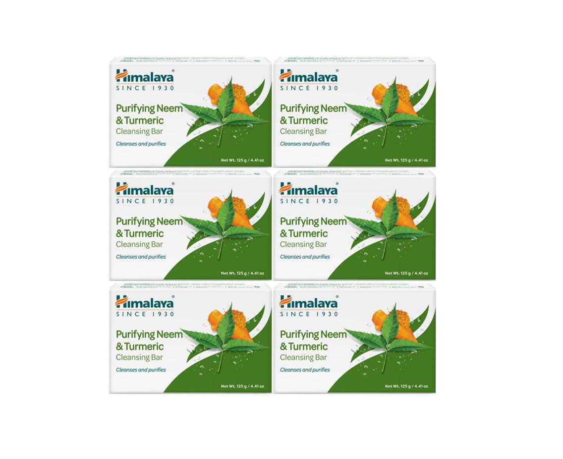Himalaya Purifying Neem & Turmeric Cleansing Bar for Clean and Healthy Looking Skin, Free from Parabens, SLS and Phthalates, Gluten Free, Vegan, 125 g (4.41 oz), 6 Pack-FemmiqueWomen