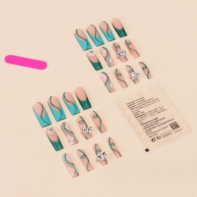 Long French Press on Nails Square Fake Nails Swirl Nails Tips Full Cover Breen False Nails for Women and Girls 24Pcs