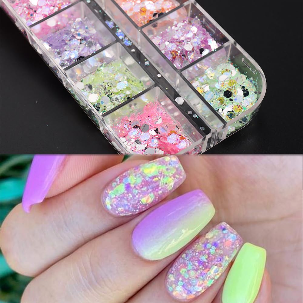 12 Grids Colorful Mermaid Nail Sequin Holographic Nail Art Glitter,Iridescent Nail Art Flake Glitter Decals Glass Paper Design Nail Accessories Acrylic Nails for Women Make Up DIY Nail Decoration-FemmiqueWomen