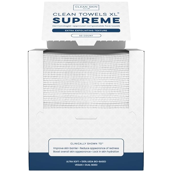 Clean Skin Club Clean Towels XL™ Supreme, 100% USDA Biobased Dermatologist Approved Face Towel, Gentle Exfoliation, Disposable Facial Washcloth, Makeup Remover Dry Wipes, 50 Count-FemmiqueWomen