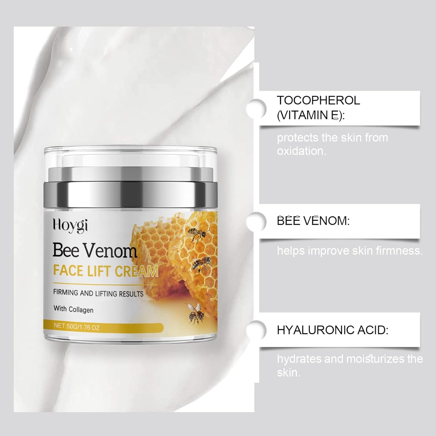Bee Venom Cream, Bee Venom Face Lift Cream with Airless Pump - Wrinkle Removal & Firming, Moisturizing, Lifting & Recovery - for All Skin Types - 1.76 Oz-FemmiqueWomen
