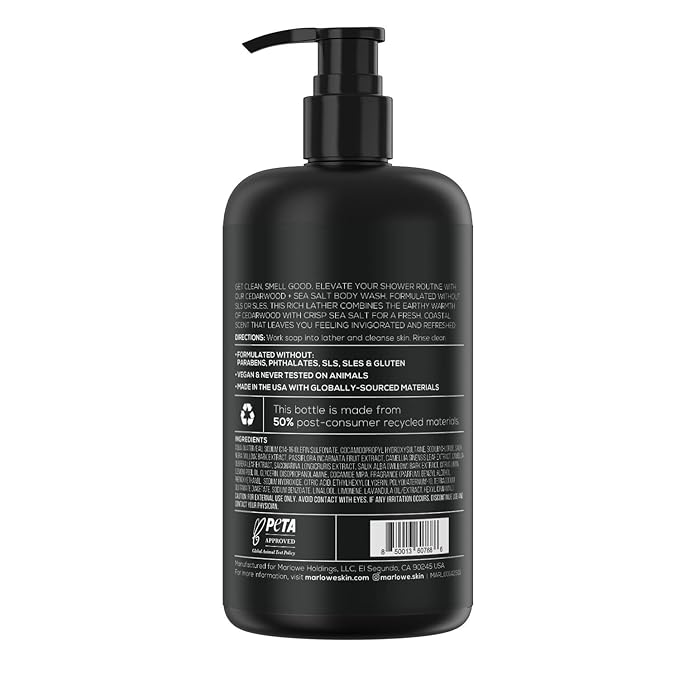 MARLOWE. No. 103 Body Wash 15 oz Pump, Cedarwood + Sea Salt, Energizing & Refreshing Shower Gel, Willow Bark & Green Tea Extracts, Cleanses, Moisturizes, Smooths & Nourishes, Fresh & Zesty Scent-FemmiqueWomen