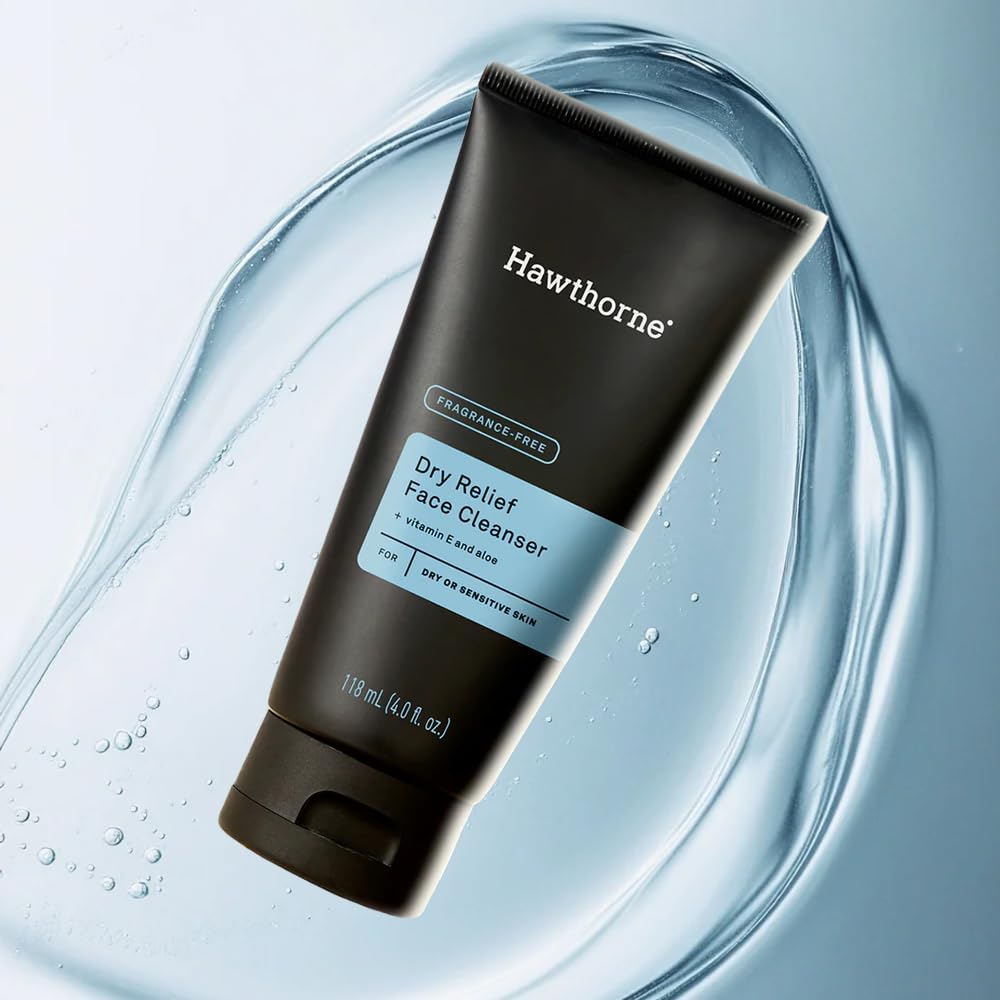 Hawthorne Men's Ultra Moisturizing Dry Relief Face Wash Cleanser For Dry Sensitive Skin. Soothing Vitamin E, Aloe Vera. Fragrance-Free. Natural Ingredients, Vegan, Sulfate Free. 2-Pack, 4 Fl. Oz. Each-FemmiqueWomen