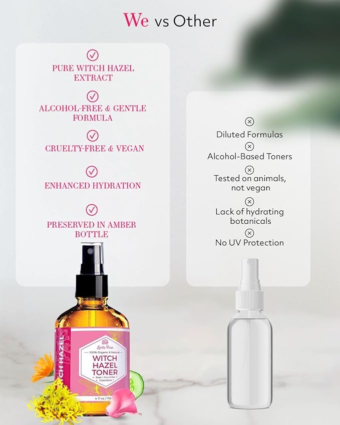 Witch Hazel Alcohol Free Toner by Leven Rose, 100% Pure Organic Facial Rose Water with Rose Petals, Calendula, Cucumber, and Chamomile Flower 4 oz-FemmiqueWomen