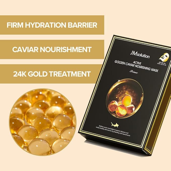 JMsolution Active Golden Caviar Nourishing Mask - Korean Skincare Facial Mask-Cavior extracted - collagen essense- 10 sheets for all skin type-FemmiqueWomen