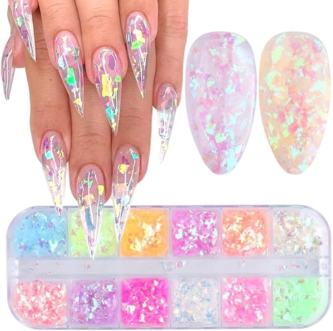12 Colors Holographic Nail Art Glitter Sequins Iridescent Ice Slag Nail Glitter Laser Nail Art Flakes Colored Fluorescent Glass Paper Nail Sticker Decoration for Face Hand Body Make-Up DIY-FemmiqueWomen
