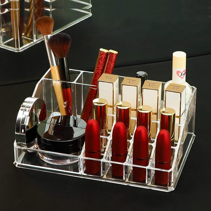 Acrylic Makeup Organizer Cosmetic Storage Makeup Display Case Makeup Brush Holder Lipstick Dispenser Canister Bathroom Container (8.7x 5 x 3.2 in, 16 Partitions, Transparent)-FemmiqueWomen