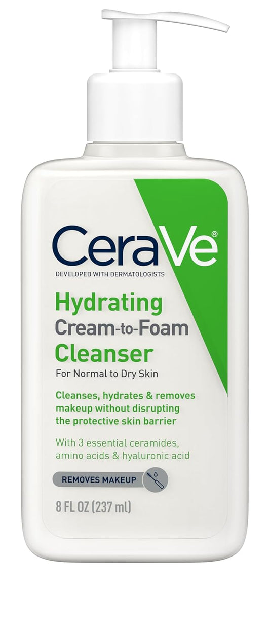 CeraVe Hydrating Cream To Foam Cleanser, Makeup Remover Face Wash For Dry Skin, Foaming Facial Cleanser With Hyaluronic Acid, Normal To Dry Skin, Fragrance Free & Non Comedogenic, 8 Fluid Ounces-FemmiqueWomen