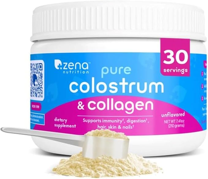 Zena Nutrition Bovine Colostrum & Collagen Powder Supplement for Gut Health, Immune Support, Digestion, Hair, Skin & Nails, Unflavored, Gluten & Sugar Free, 30 Servings-FemmiqueWomen