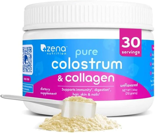 Zena Nutrition Bovine Colostrum & Collagen Powder Supplement for Gut Health, Immune Support, Digestion, Hair, Skin & Nails, Unflavored, Gluten & Sugar Free, 30 Servings-FemmiqueWomen